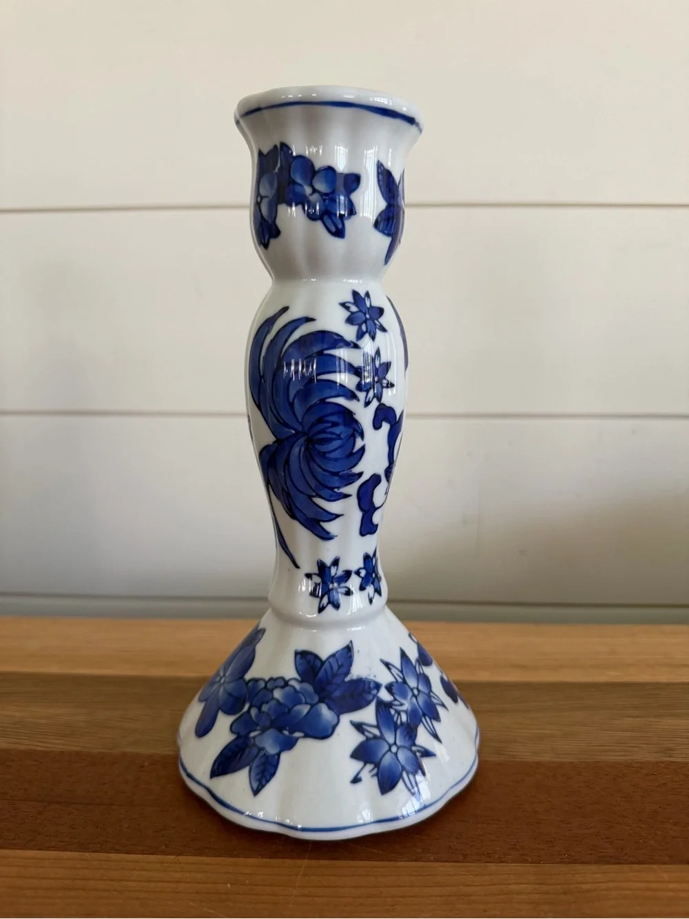 Vintage Candle Holder Cobalt Blue Porcelain Floral Design